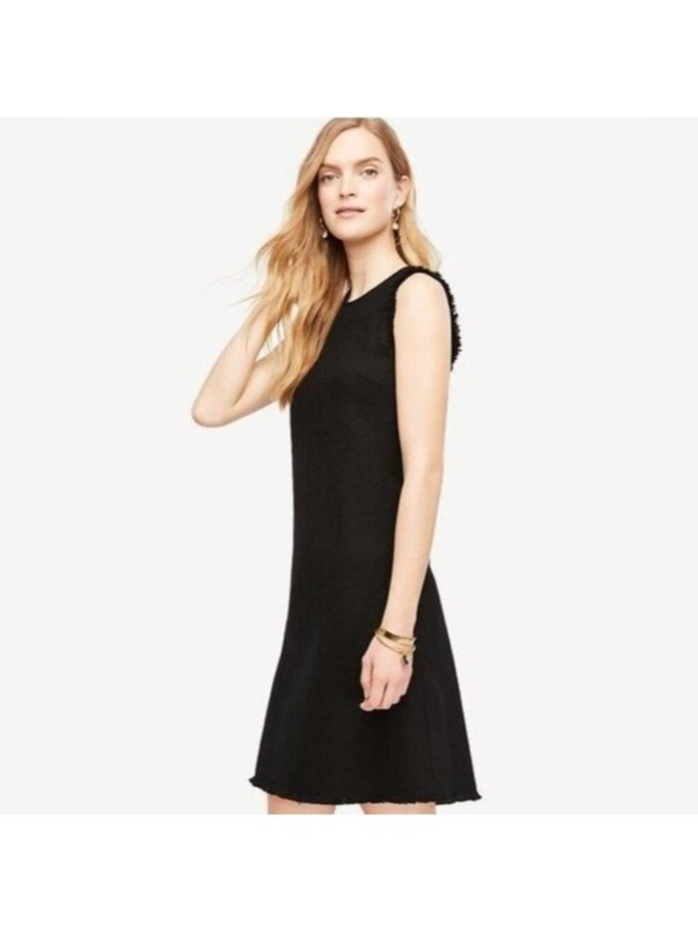 Ann Taylor Tweed Fringe Black Sheath Sleeveless LBD Shift